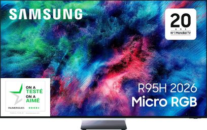 Televisore Samsung R95H 2026 visto frontalmente, schermo con motivo astratto blu, verde e rosa con piedistallo centrale