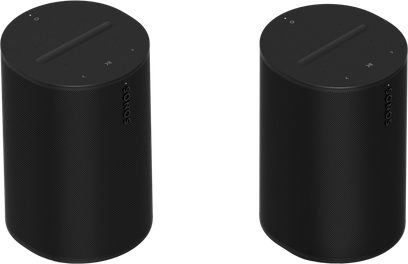 Zwei mattschwarze zylindrische Sonos Era 100 kabellose Lautsprecher, Bundle, Touch-Bedienelemente, weißer Hintergrund