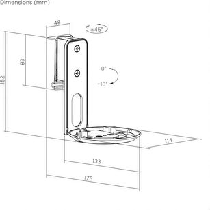 Sort vægmonteret roterende højttalerstøtte, set fra siden, angivne dimensioner, hældning ±45°, højde 152 mm, dybde 175 mm