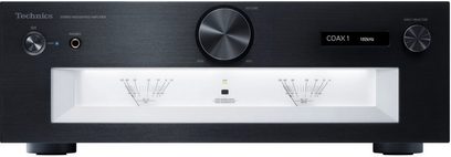 Amplificador de alta fidelidad estéreo Technics SU-G700M2E-K negro, panel frontal de aluminio cepillado, botones, pantalla, vúmetros