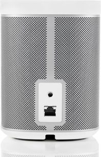 Altavoz Sonos Play 1 blanco, vista frontal, rejilla metálica perforada, botón central, forma cilíndrica, base blanca