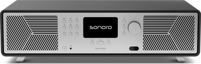 Sonoro Avaton täisühendatud hi-fi süsteem, esivaatest, mattaalne grafiit, hõbedane metallesine, ekraan, rull, diagonaalsed võred