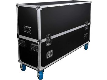 Kuljetuslaukku näytölle Power Acoustics Flight double écran 65, musta hopeanvärisillä reunuksilla ja sinisillä pyörillä