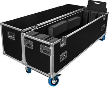 Sort Power Acoustics Flight transportkasse til to 65-skærme, åben, med polstring, sølvfarvede kanter og blå hjul