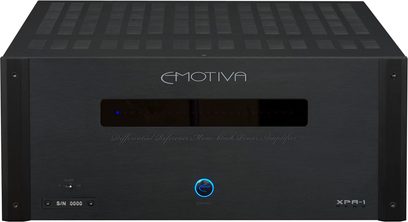 Emotiva XPA-1 mono-forstærker i mat sort, front med gitter, logo, blåt display, trykknap
