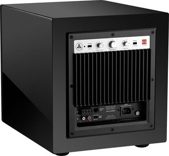 JL Audio Dominion D110 baskabin i sort ask, frontvisning, sort gitter, kontroller og tilslutninger på bagpanelet