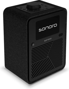 Sonoro Atron tabletop radio in anthracite and black, three-quarter view, front display and rotary controls on top