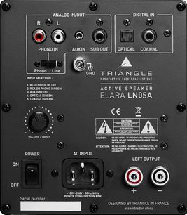 Trådlös ansluten högtalare Triangle LN05A askgrå, bakre vy, analoga och digitala anslutningar, strömbrytare, AC-uttag