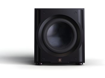 Perlisten R10s subwoofer, frontvisning, mat sort kabinet, centralt cirkulært højttalerelement med tekstureret membran, synlige fødder