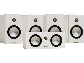 Monitor Audio Bronze 50 7G 5.0 fehér hangsugárzócsomag, négy polcsugárzó és egy középsugárzó ezüst mélyhangszórókkal