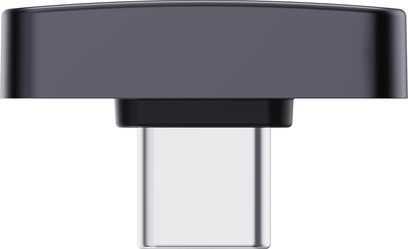 Компактен предавател Questyle QCC DONGLE PRO в черно с USB-C конектор в сребристо, гледан отпред