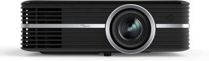 Optoma UHD51 sort videoprojektor, frontvisning, centreret linse, sideventilationsgitre, infrarød sensor
