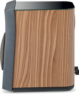 Altavoz biblioteca Focal Kanta N°1, vista de perfil, panel lateral en nogal, frontal gris oscuro mate, parte superior negra