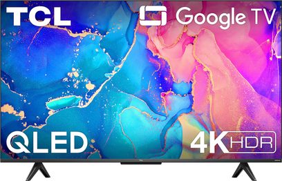 TCL 43QLED760 2022 4K HDR Google TV, set forfra, tændt skærm der viser farvede abstrakte former