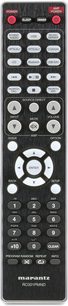 Controle remoto preto Marantz RC001PMND, botões brancos e vermelhos, tela LCD, botões de navegação e controle