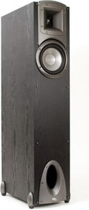 Sort Klipsch Synergy F-20 gulvhøjttaler set forfra med synlige højttalere og frontal basrefleksport