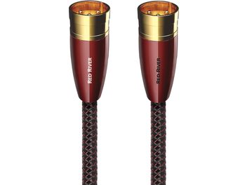 AudioQuest Red River XLR analog ljudkabel, två röda och guldfärgade kontakter med svart och röd flätad mantel