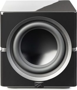 MartinLogan Dynamo 12 subwoofer i sort højglans, frontvisning, kubisk kabinet, skinnende overflade, centralt cirkulært højttalerelement