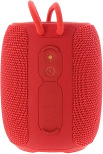 Bluetooth-højttaler Yourban Getone 25 rød, set bagfra, tekstureret overflade, to kabler øverst, synlige knapper og porte