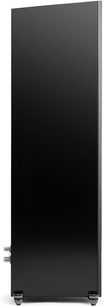 MartinLogan Motion XT F200 højttaler i sort lak set fra siden, glat og skinnende overflade, synlige fødder nederst, stik til venstre
