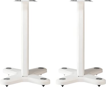 Двойка бели високоговорители Monitor Audio ST-2, лакирана метална конструкция с права колонна и кръстообразна основа с шипове, преден изглед