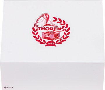 Scatola bianca vista frontalmente con logo rosso raffigurante un grammofono circondato da allori, testo "Thorens" e "1883" visibili