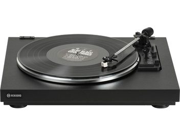 Picup de vinil Rekkord F100P negru, masă de vinil neagră, braț de citire cu cartuș, bază dreptunghiulară neagră mată