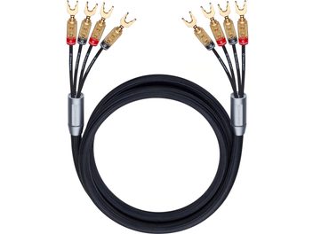 Kabel pro reproduktory Oehlbach FusionFour (2 × 3 m) černý s textilním opletením, bi-amplifikace, hliníkový válcový dělič a čtyři pozlacené vidlicové konektory na každém konci s barevnými značkami, přední pohled stočený