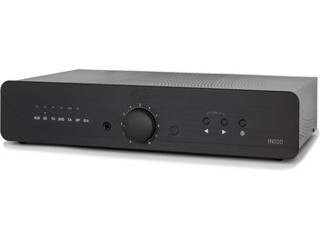 Amplificatore hi-fi stereo Atoll IN100 Signature nero, pannello frontale con manopole, display, griglia di ventilazione