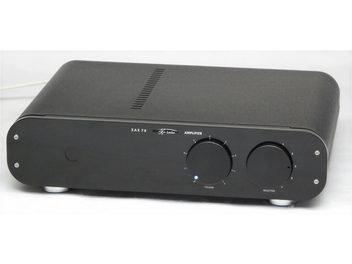 Lector Audio ZAX-70 stereo hi-fi amplifier, matte black housing, brushed aluminum faceplate, black knobs, blue LEDs