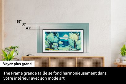 Samsung TQ43LS03FAU 2025 højopløsnings-tv forfra med sort ramme, der viser et landskabsmaleri