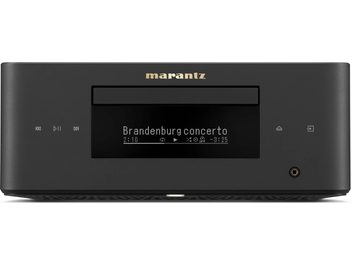 Черна hi-fi система „всичко в едно“ Marantz, изглед отпред, с централен екран и вграден CD плейър