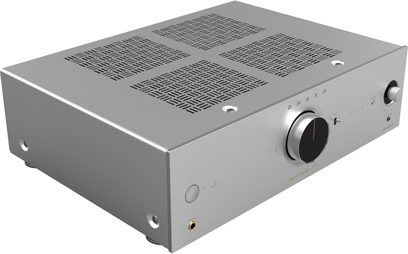 Stereoforsterker hi-fi Onkyo ICON A-50 sølv, metallchassis, skrå visning, stor volumknapp, hodetelefonutgang, toppgriller