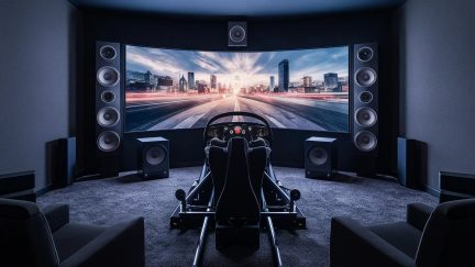 Racingsimulator med välvd skärm, racingsäte, ratt, pedaler, 6 högtalare, 2 fåtöljer
