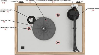 Gramofon Pro-Ject The Classic w kolorze palisandru, widok z góry, ramię, talerz, przeciwwaga, regulacja antypoślizgowa