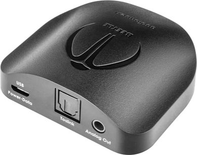 Audioquest Beetle audio DAC-konverter, set oppefra, afrundet mat sort kabinet, sølvfarvet logo og indskrifter