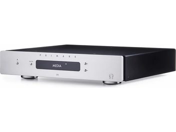 Primare I15 silver stereo hi-fi amplifier, front panel, digital display, rotary knob, brushed aluminum chassis