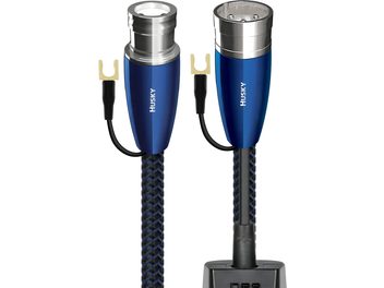 Audioquest Husky 72V DBS kabel, XLR samice, modré kovové krytky, černo‑modrý pletený oplet, DBS pouzdro, vidličkové konektory