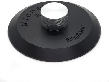 Michell Engineering standard metal record clamp, black engraved base, silver knurled button, oblique view