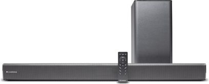 Cambridge Audio TVB2 mat sort soundbar med subwoofer og fjernbetjening, set forfra