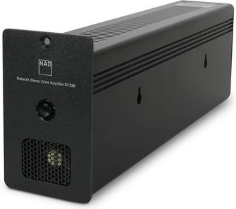NAD CI 720 V2 siyah stereo hi-fi amplifikatör, ön görünüm, ızgara ile kapak, 2 düğme ve bağlantı noktaları, dikdörtgen kasa