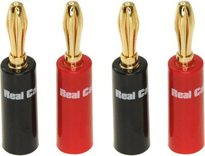 Fire forgyldte og røde Real Cable B6020 bananstik i metal, set forfra, på række på hvid baggrund