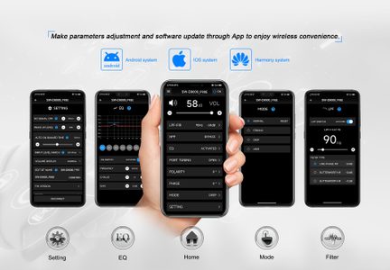 Aplikace pro ovládání zvuku SW‑D9000 F9E8, obrazovky EQ, hlasitosti a filtrů zobrazené na smartphonech Android iOS HarmonyOS