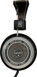 Offener Hi-Fi-Kopfhörer Grado SR325x, Frontansicht, runde Metallabdeckung, schwarzes Lederbügel, versilberte Wandler, schwarzes "R"-Logo