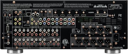 Marantz AV7005 home theater preamp, front view, numerous audio and video inputs at the rear, black finish