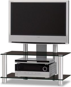 Just By Spectral JRS80-AL TV-møbel i aluminium og sort glas, med hylder og støtte til fladskærm, set forfra