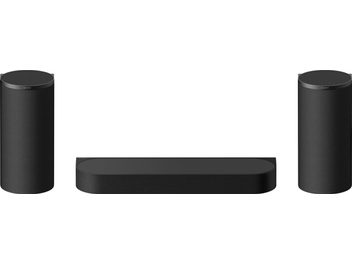 Compact black Sony Bravia Theatre Trio speaker package with central soundbar and two cylindrical side speakers