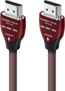Dva HDMI kabely Audioquest Cherry Cola 4K 8K 18G, pozlacené konektory, lesklá tmavě červená barva, pohled zepředu