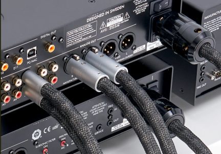 Bagside af en audioforforstærker med RCA-indgange, XLR-udgange og sorte flettede tilslutningskabler