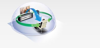 Panasonic SC-HTB680EGS sort og sølv buet lydbjeælke i cirkelbue, med to hvide lænestole og et billede på en fladskærm
